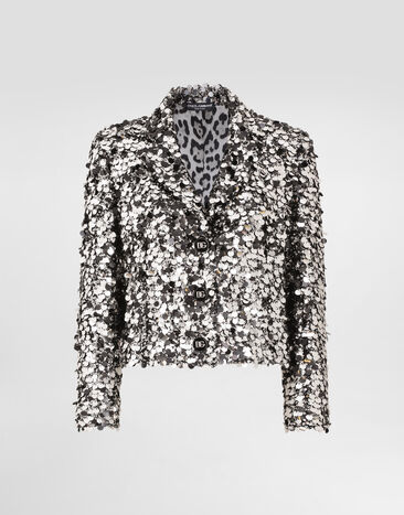 Dolce & Gabbana Chaqueta corta de botonadura sencilla bordada de lentejuelas Plateado F27DHTFLSJ8