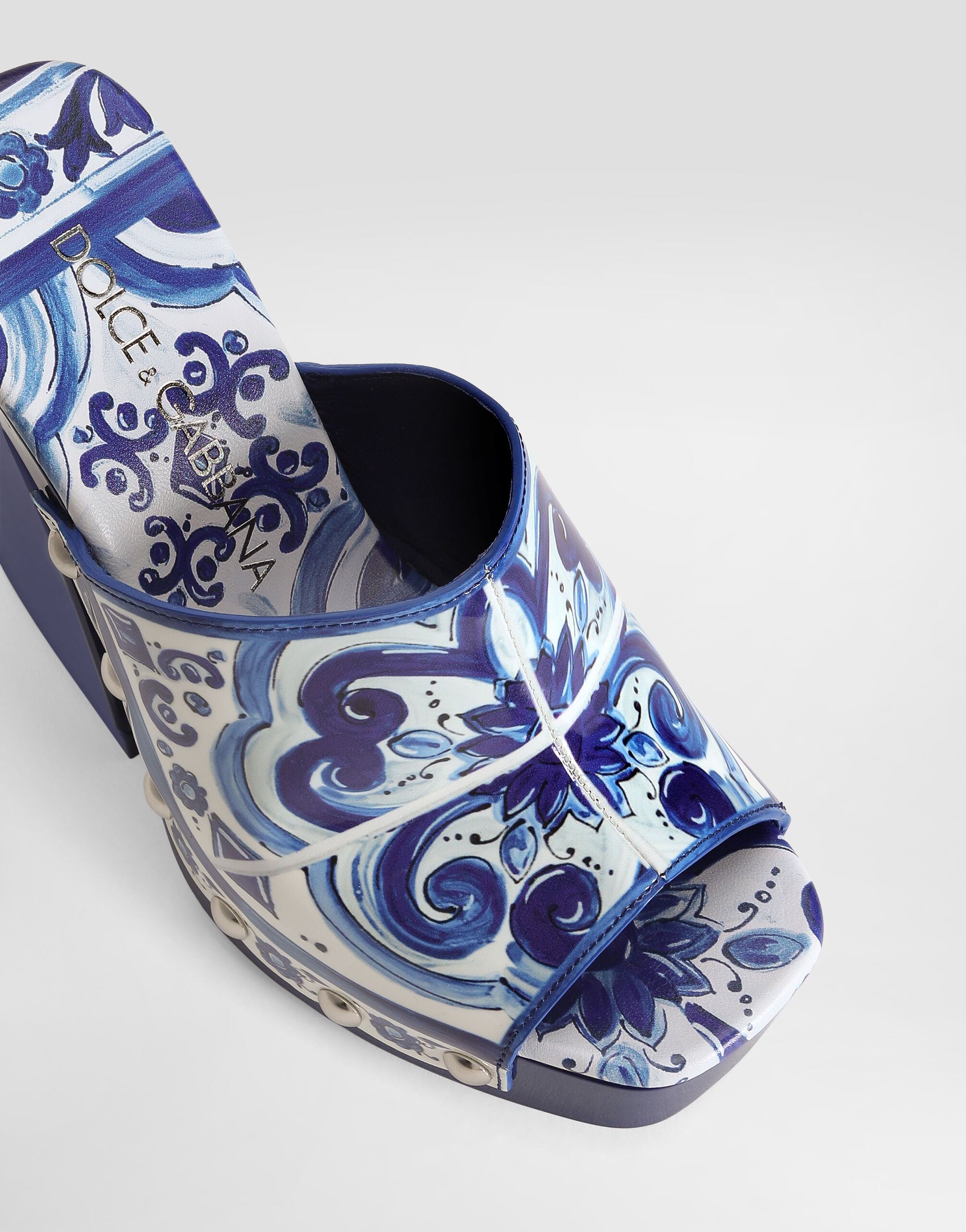 Majolica-print polished calfskin clogs in Multicolor for Women