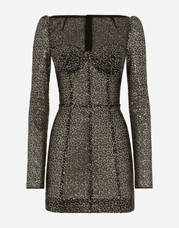 Dolce & Gabbana Robe bustier courte à manches longues et paillettes Noir BB6711AV893