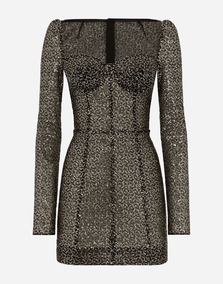 Dolce & Gabbana Короткое платье-бюстье с длинным рукавом, из пайеток черный F6DGATFLSFG