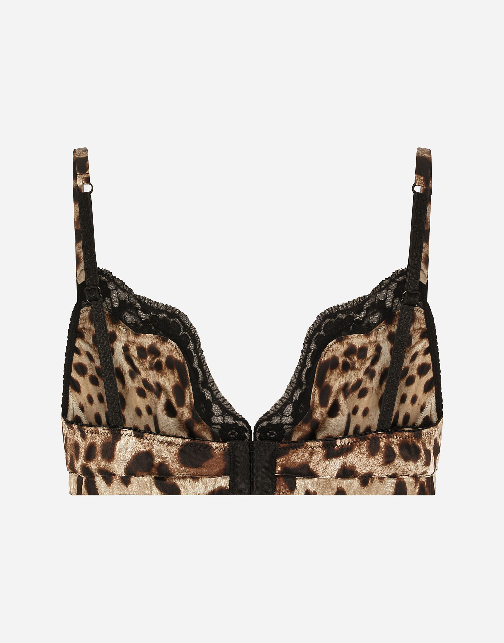 Leopard print soft cup satin bra with lace detailing in LEOPARD