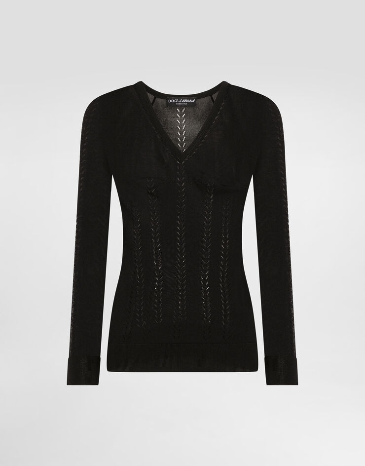 Dolce & Gabbana Pullover V-Ausschnitt aus Seide Schwarz FXY18TJBSLL