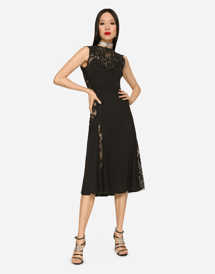 Dolce & Gabbana Charmeuse midi skirt with lace inserts Black F6R2FTFUADB