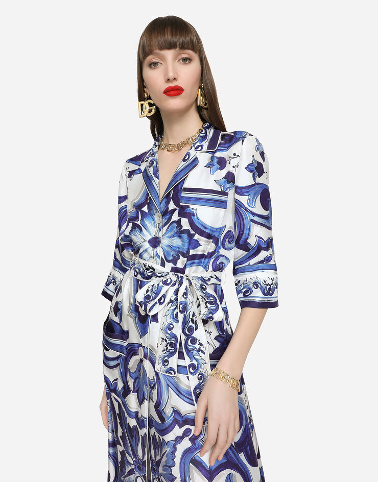 Dolce & Gabbana ロングシャツドレス ツイル マヨリカプリント マルチカラー F0AH2THI1BD