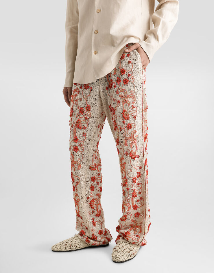 Dolce & Gabbana Lace pants with coral and rhinestone embroidery Beige GVRMAZHLM40