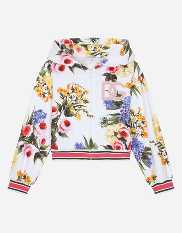 Dolce & Gabbana Felpa zip con cappuccio in jersey stampa giardino e logo DG Bianco L5JTOBG7NZL