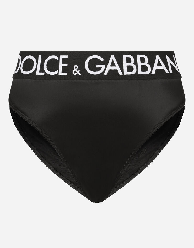 Dolce & Gabbana 로고 신축 밴드 하이 웨이스트 새틴 브리프 블랙 O2C12TFURAD