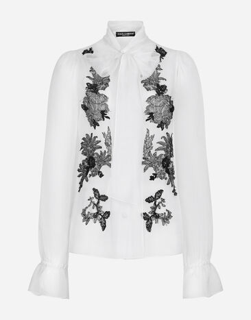 Dolce & Gabbana Organza pussy-bow shirt with lace appliqués Black F761RTFJTBR