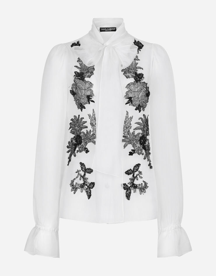 Dolce & Gabbana Organza pussy-bow shirt with lace appliqués Blanc F5L23TGDB8Q