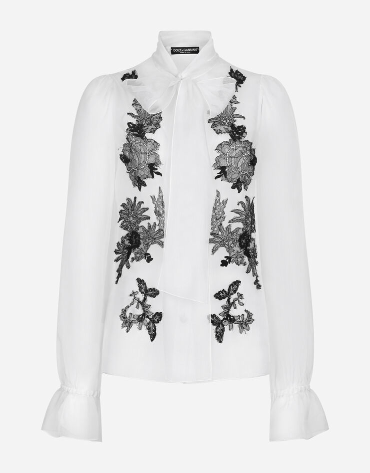 Dolce & Gabbana Organza pussy-bow shirt with lace appliqués White F5L23TGDB8Q