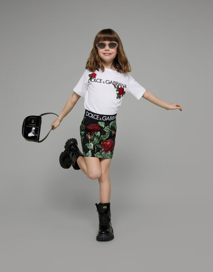 DolceGabbanaSpa Charmeuse miniskirt with branded elastic and rose print Mehrfarbig L54I70G7J1W