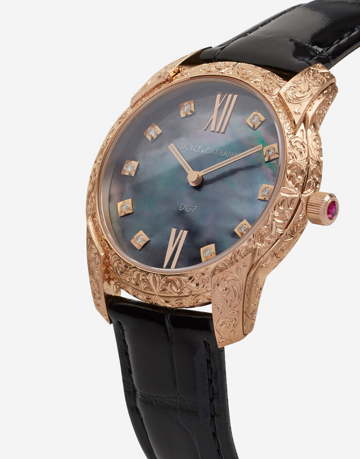 Dolce & Gabbana Orologio DG7 Gattopardo in oro rosso con madreperla nera e diamanti Nero WWFE2GXGFDA