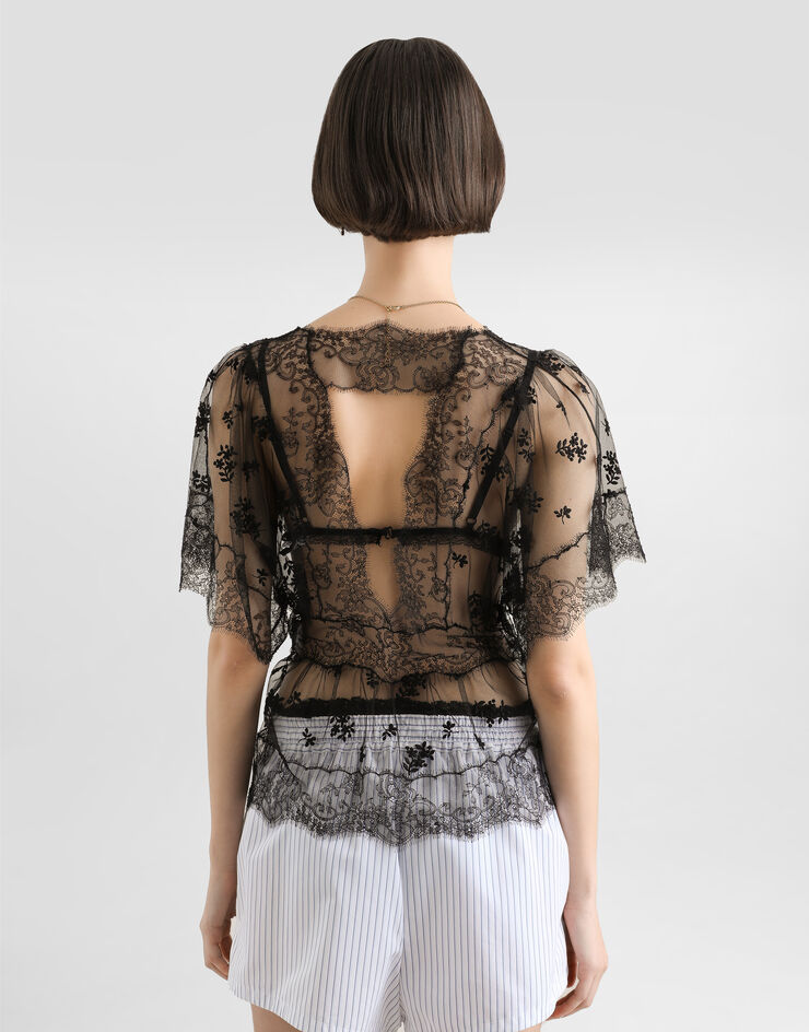Dolce & Gabbana Tulle top with flower embroidery Black F7BO2TILMD3