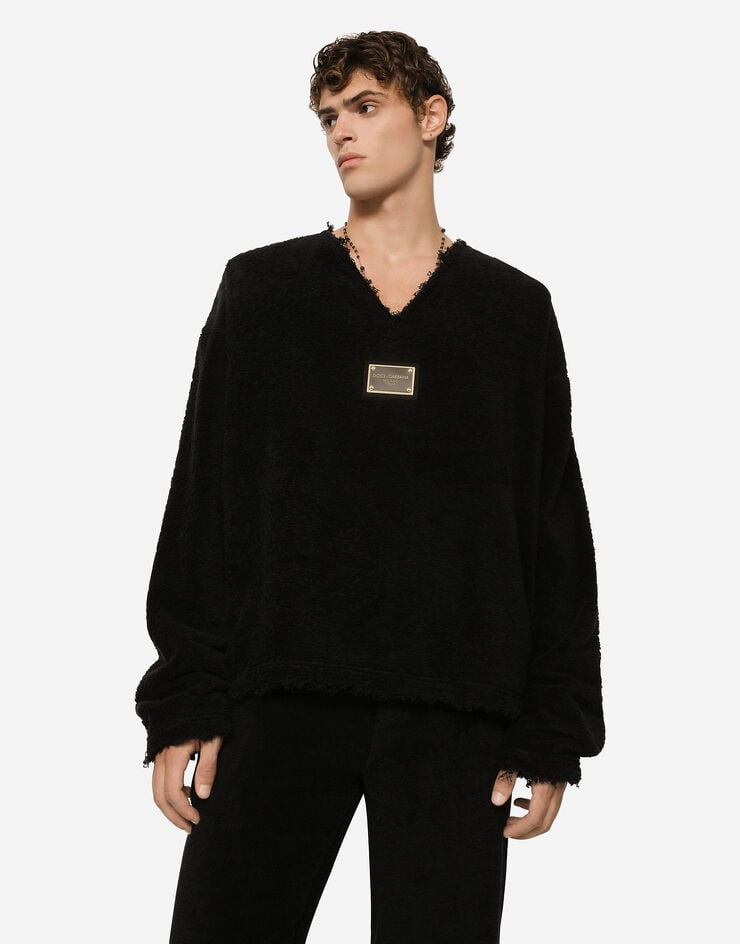 Dolce & Gabbana Sweatshirt aus Frottee mit Logoplakette Schwarz G9AEUTHU7OC