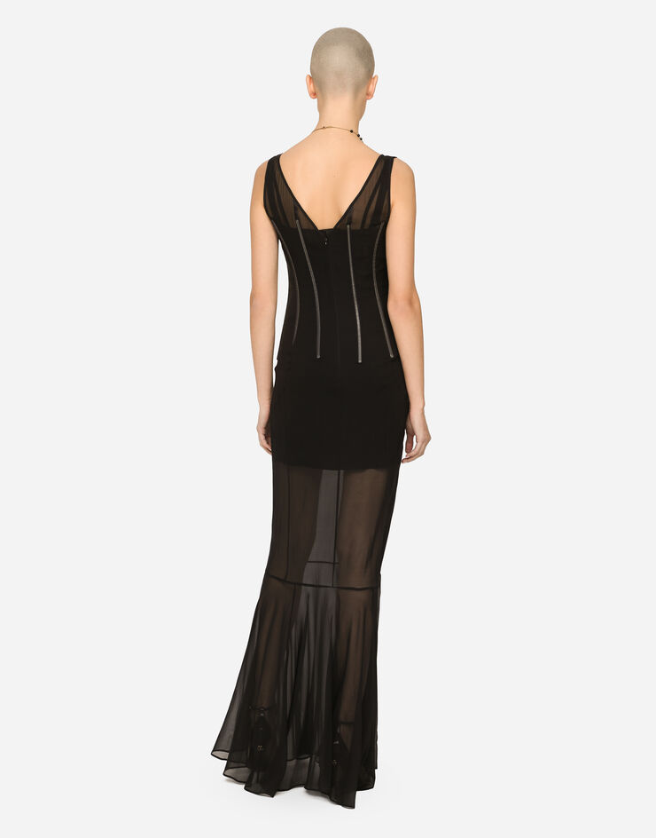 Dolce & Gabbana Long chiffon dress with boning Black F6ZB5TFUADS