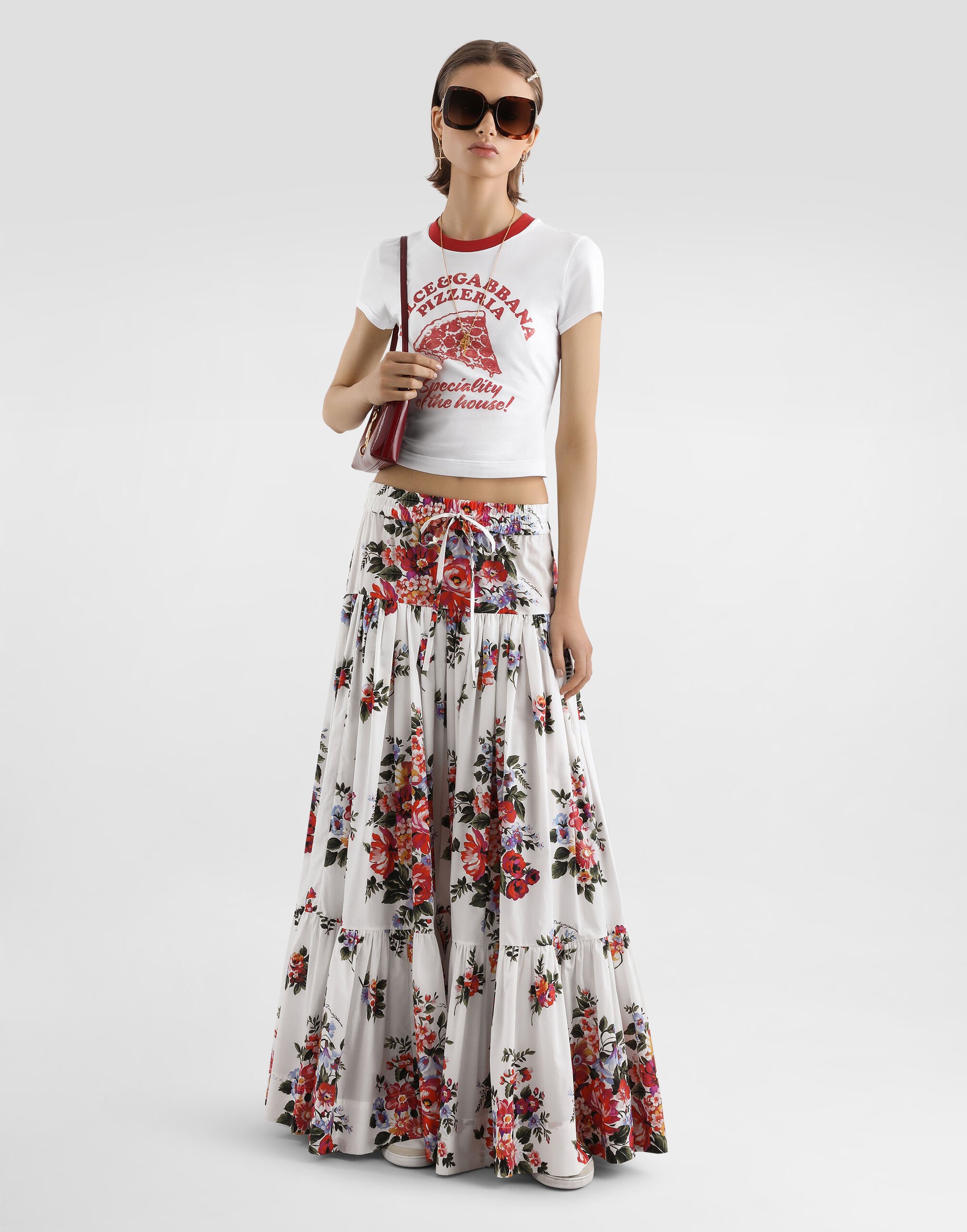 Flower bouquet-print poplin long skirt in Multicolor for Women