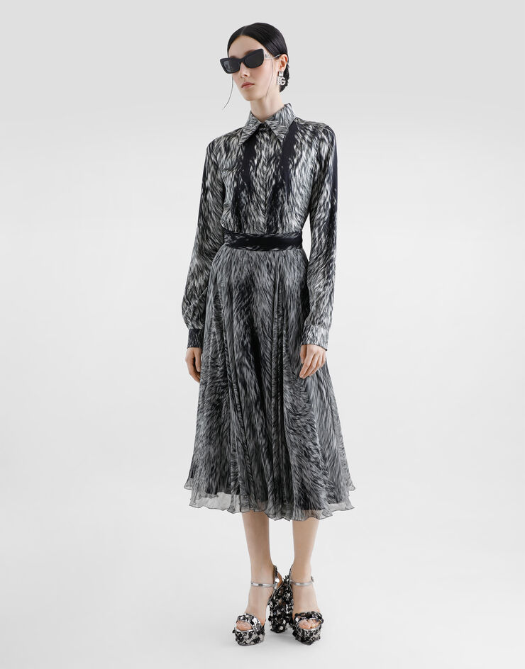 Dolce & Gabbana Longuette-Tellerrock aus Chiffon mit Fellprint Grau F4C2VTIS1X3
