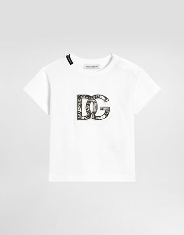 Dolce & Gabbana Camiseta de manga corta de punto con logotipo DG con estampado de mayólica en relieve Blanco L1JTEYG7NVC