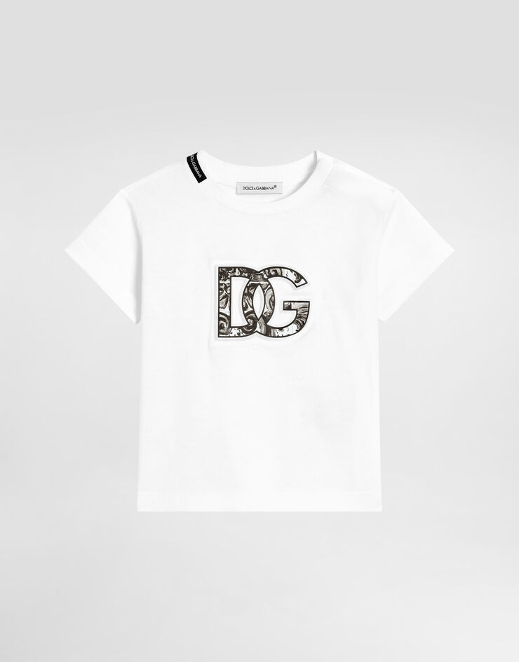 Dolce & Gabbana Camiseta de manga corta de punto con logotipo DG con estampado de mayólica en relieve Blanco L1JTEYG7NVC