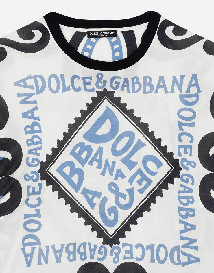 Dolce & Gabbana T-shirt manica corta in seta stampa Marina Azzurro G8PB8TG7K5S
