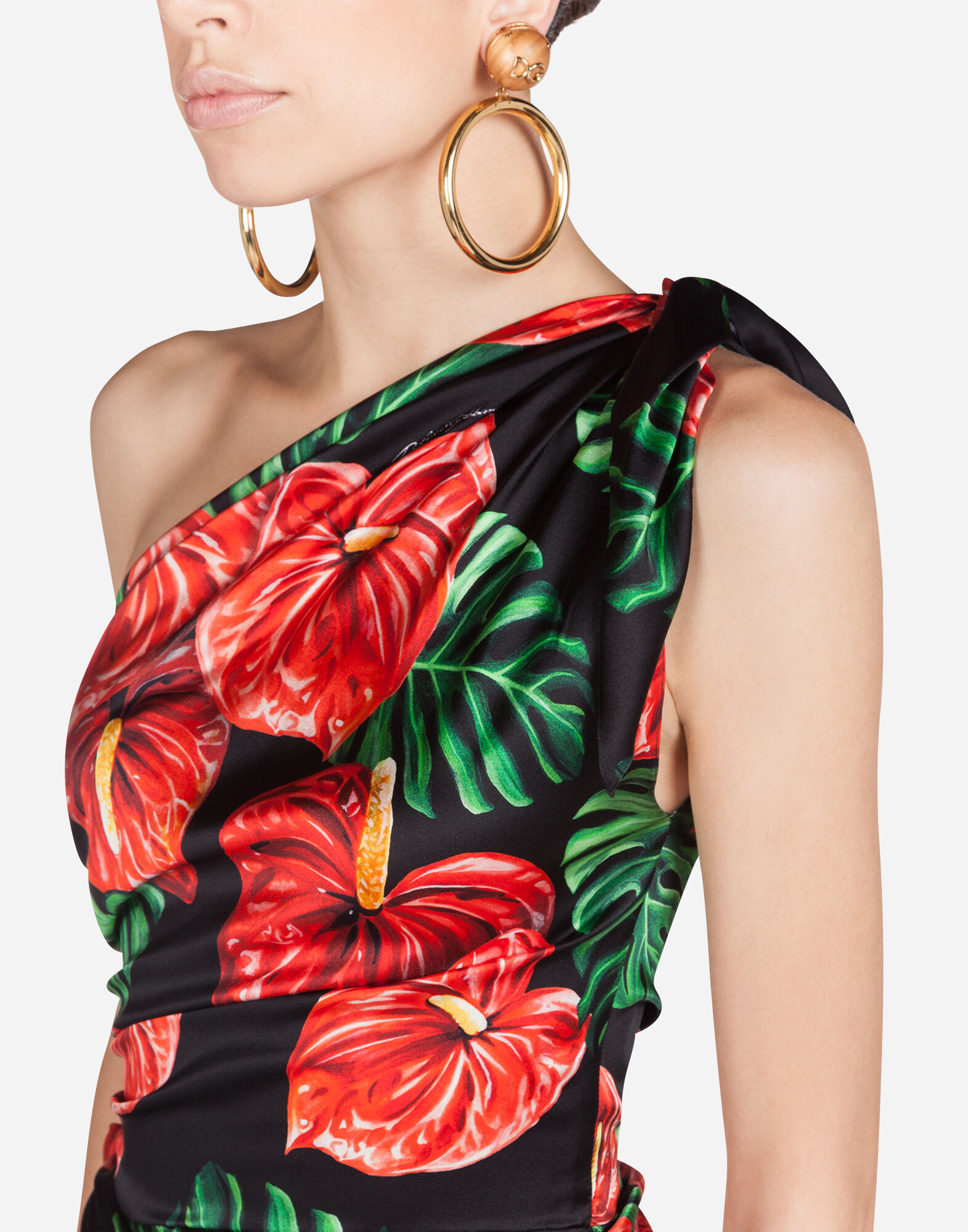 ONE-SHOULDER LONGUETTE DRESS IN CHARMEUSE WITH LACELEAF PRINT