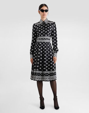 Dolce & Gabbana Twill calf-length shirt dress with all-over DG logo scarf print Black F6TMNTGDCVJ