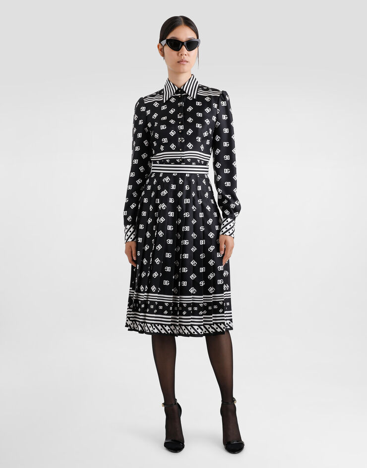 Dolce & Gabbana Twill calf-length shirt dress with all-over DG logo scarf print Black F6TMNTGDCVJ