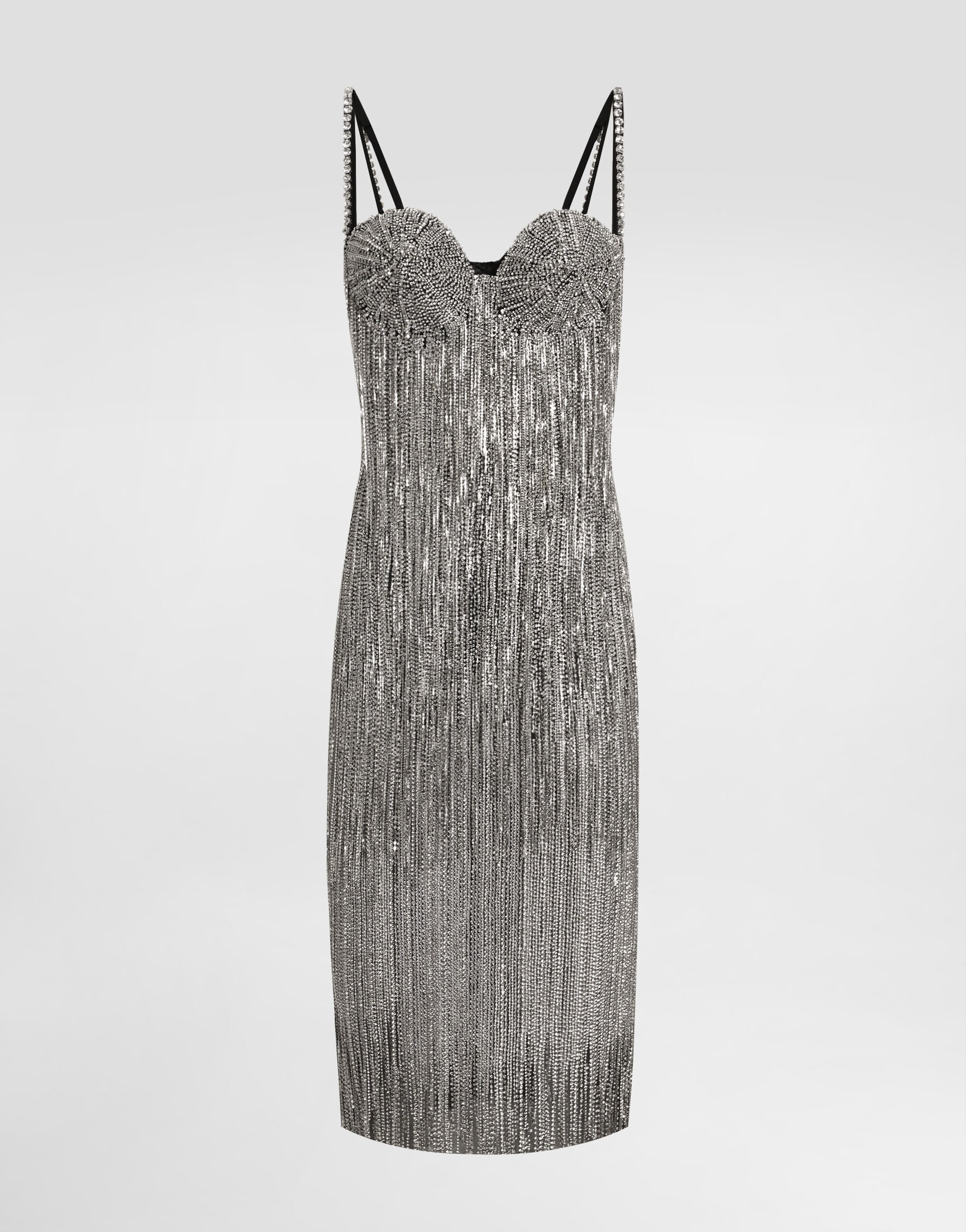 Marquisette calf-length dress with sequined fringing