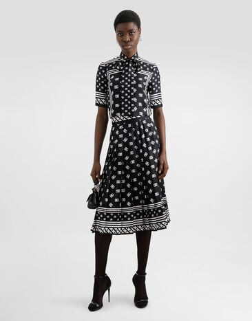 Dolce & Gabbana Pleated silk twill calf-length skirt with all-over DG logo scarf print Black F4C2GTGDCVJ