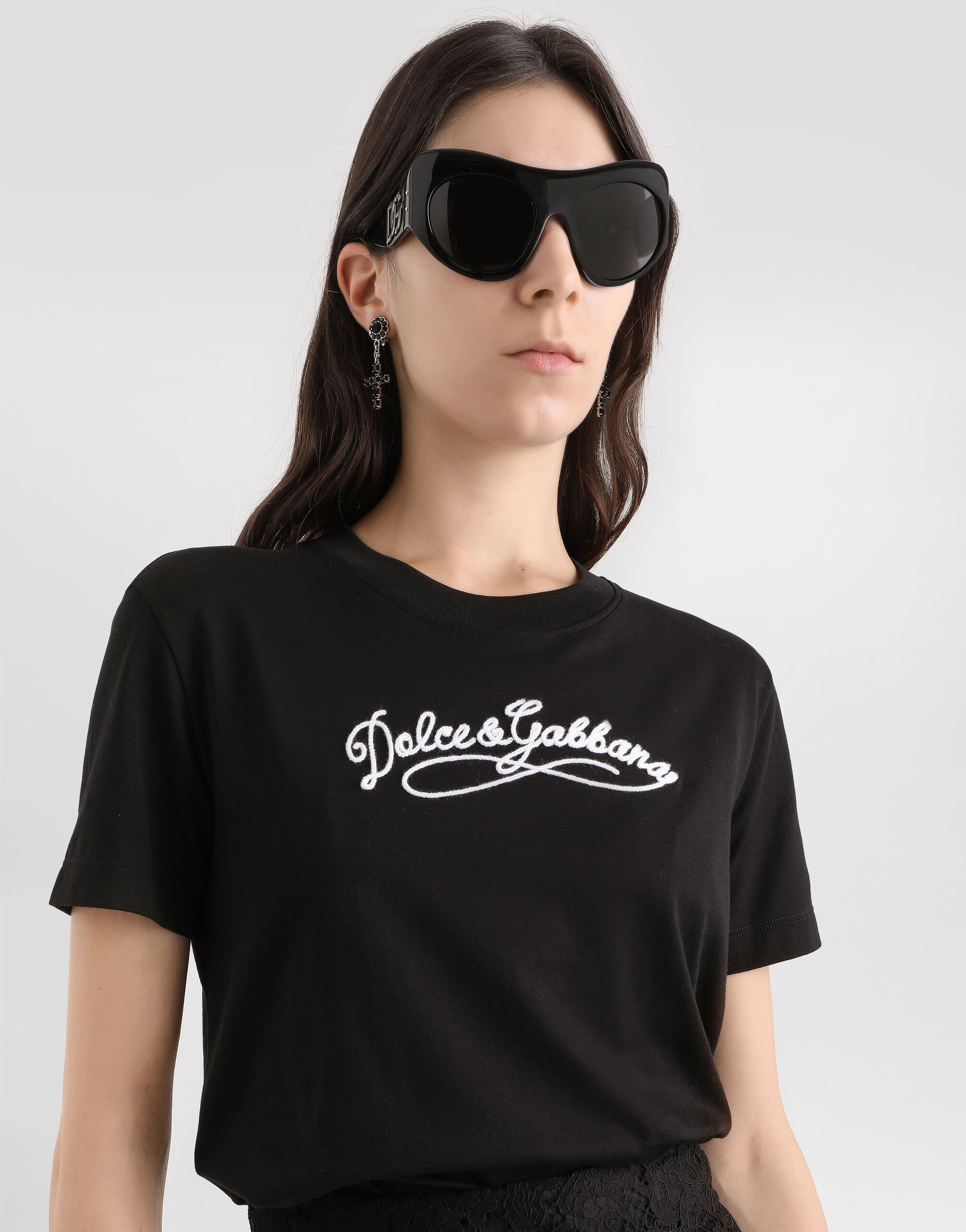 Jersey t-shirt with embroidery in Black for Women | Dolce&Gabbana® US