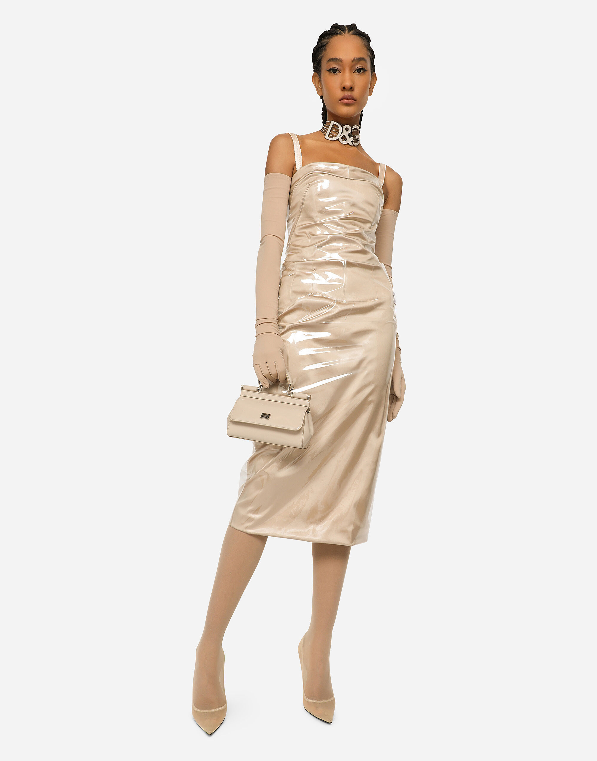 KIM DOLCE GABBANA Long satin and PVC calf length dress in Beige