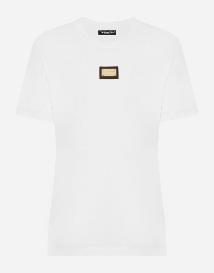 Dolce&Gabbana T-shirt in jersey con placca logo DG Bianco F8N08TFU7EQ