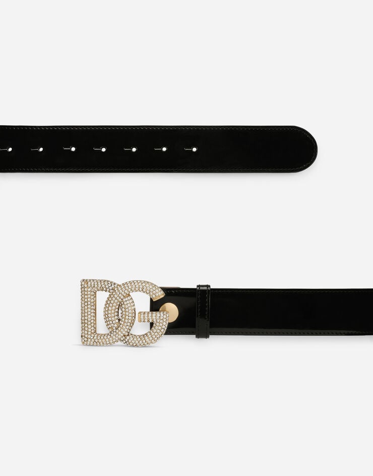 Dolce & Gabbana Cinturón de piel de becerro brillante con DG de cristales Noir BE1523A1037