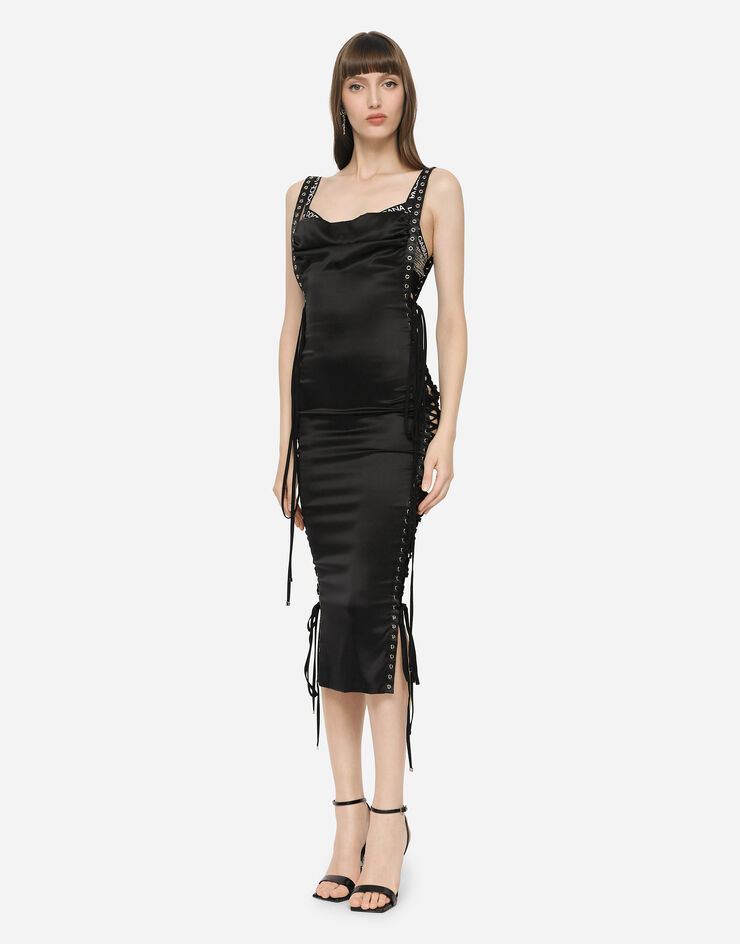 Dolce & Gabbana Satin calf-length dress with laces and eyelets Black F6R0DTFURAG