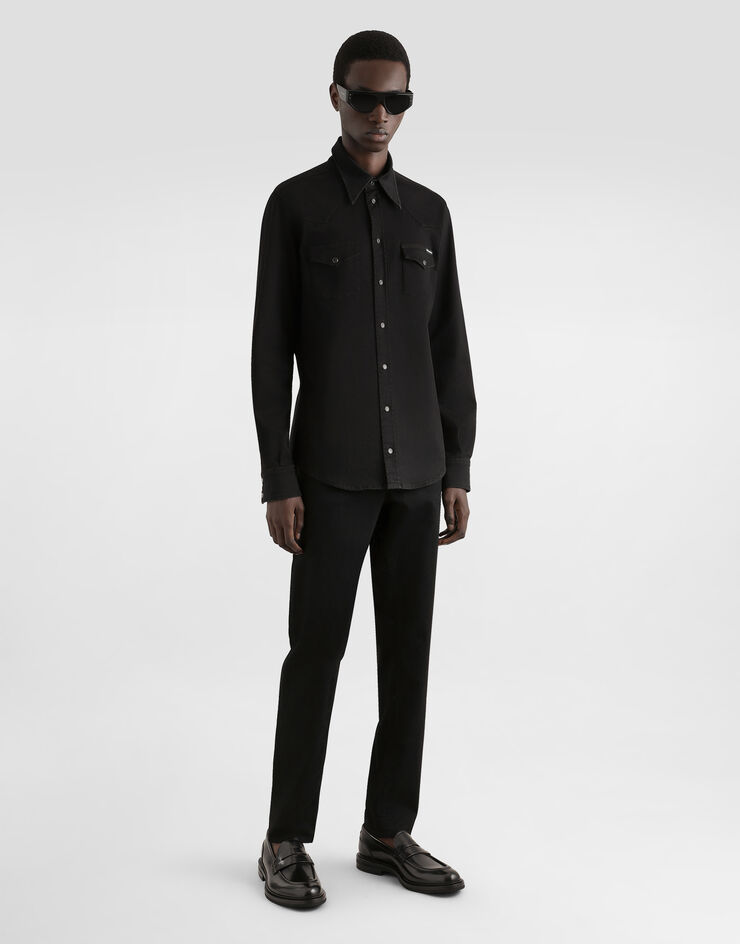 Dolce & Gabbana قميص من دنيم مرن أسود مطلي متعدد الألوان G5JC8DG8GW6