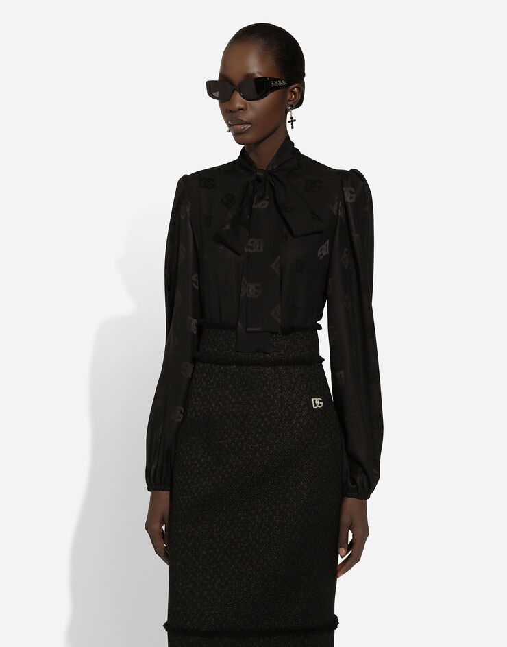 Dolce & Gabbana Silk jacquard shirt with all-over DG logo Black F5Q44TFJ1JO