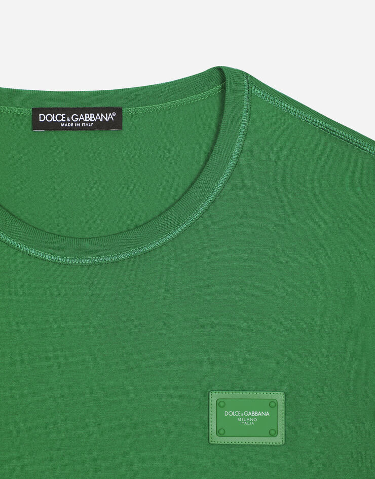 Dolce & Gabbana T-shirt cotone con placca logata Verde G8KJ9TFU7EQ