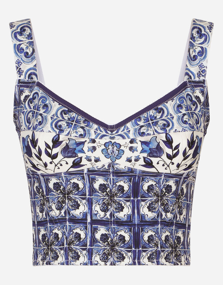 Dolce & Gabbana Bustier in charmeuse stampa maiolica Multicolore F7W98THPAB8