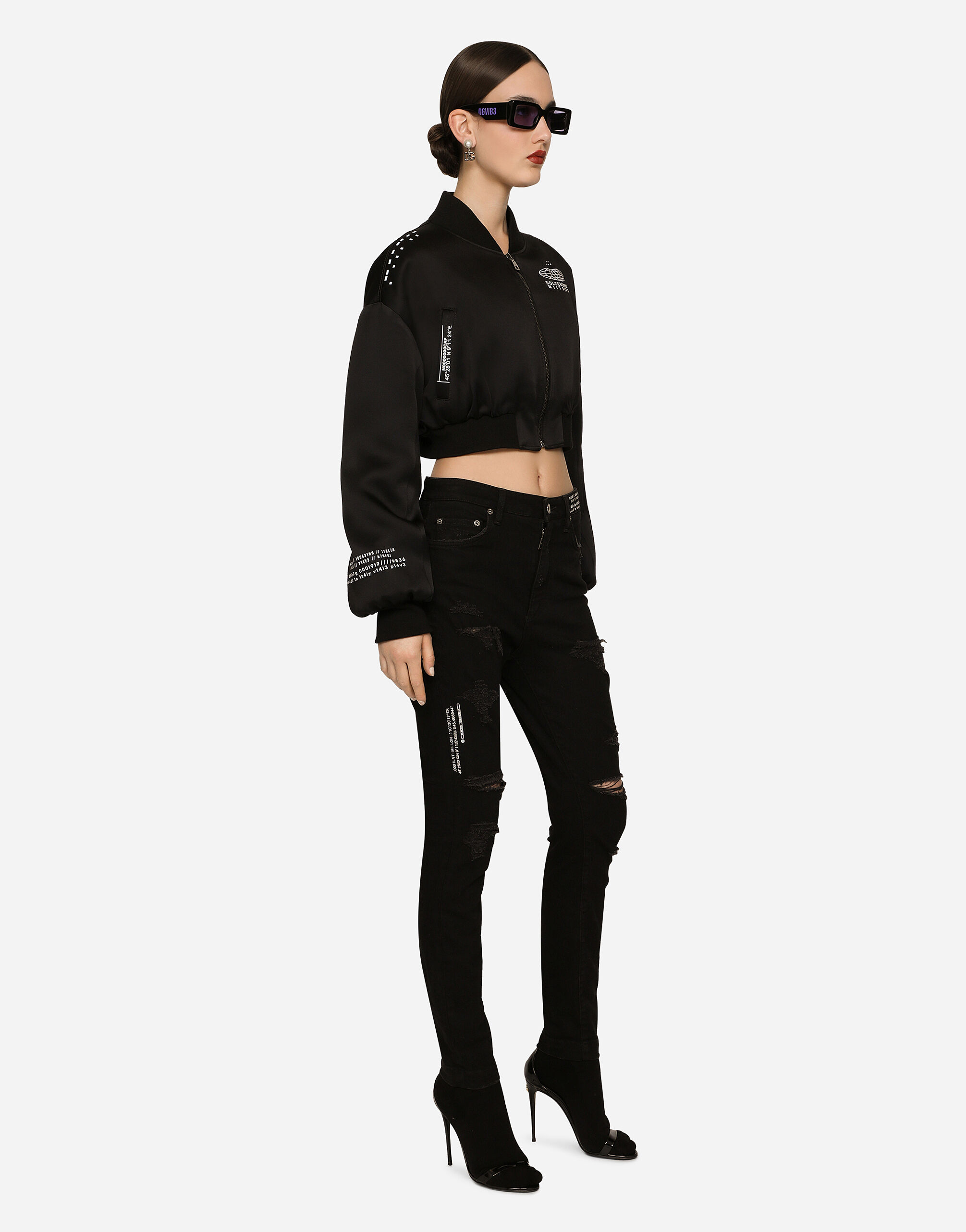 Short satin bomber jacket with DGVIB3 print in Black for Women