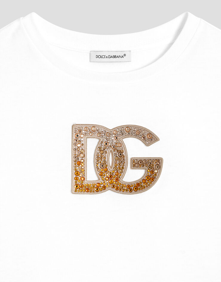 Dolce & Gabbana Short-sleeved jersey t-shirt with DG logo strass White L5JTNLG7PHN