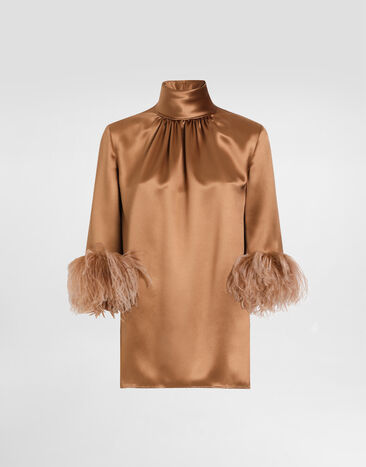 Dolce & Gabbana Double satin turtle-neck top with feathered detailing Beige F7AL6TFU1NU
