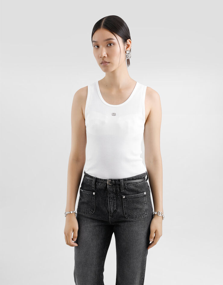 Dolce & Gabbana Tanktop aus geripptem Jersey mit DG-Logo-Pin Weiss F8V40TGDCX9
