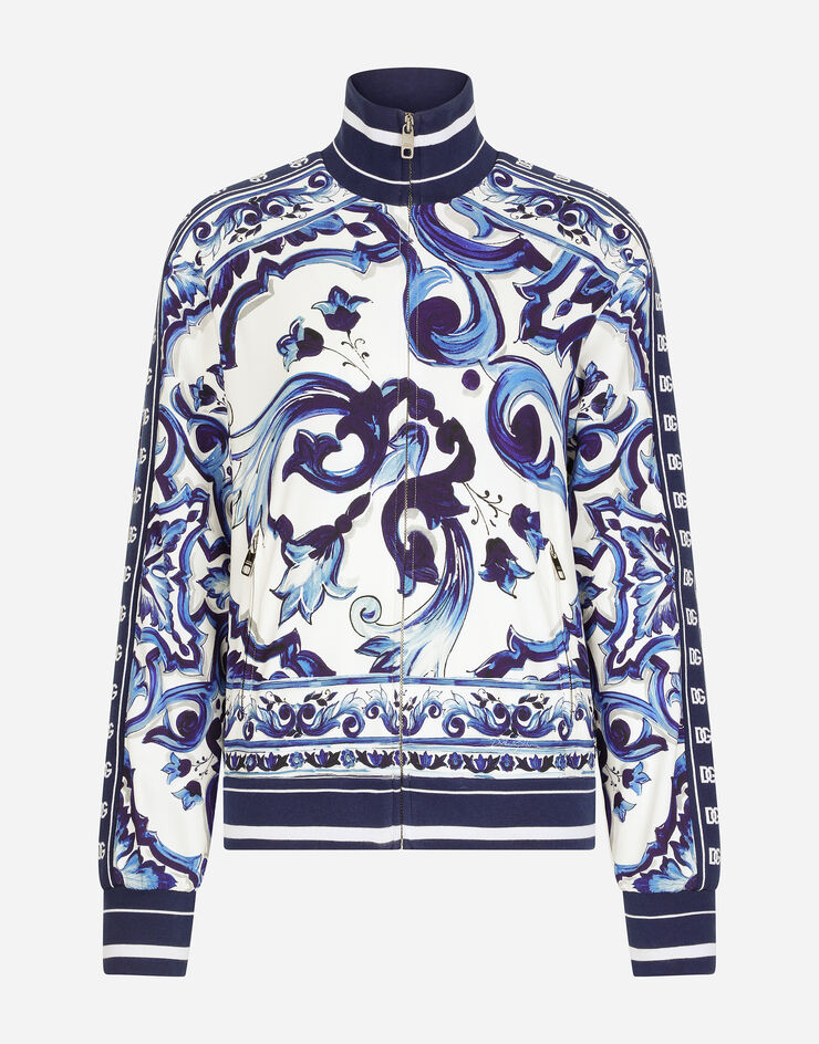 Dolce & Gabbana Sweat-shirt zippé en cady à imprimé majoliques Multicolore F9C50TFPIAH