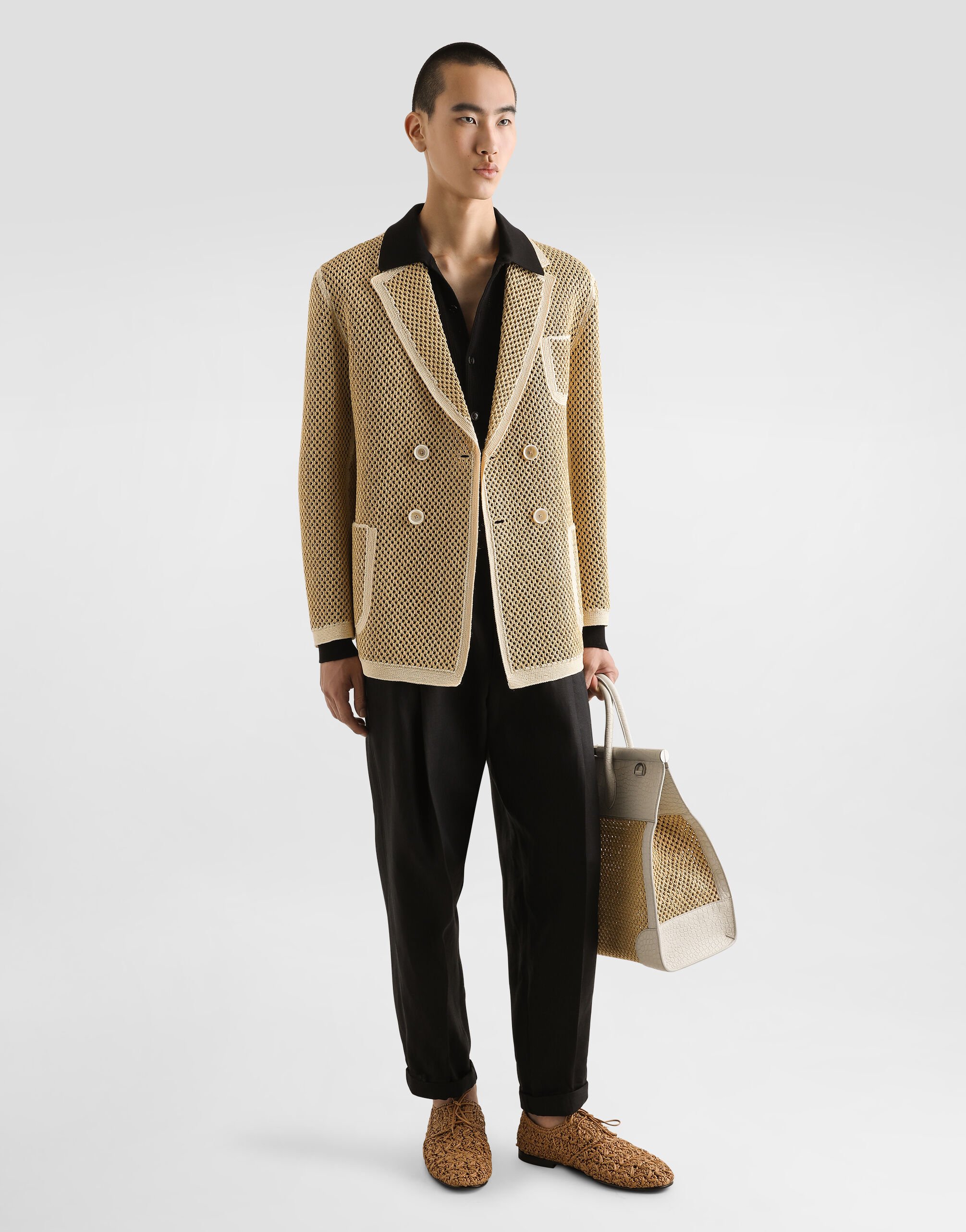 Double-breasted raffia mesh jacket in Multicolor for Men