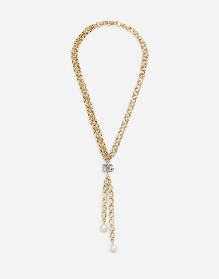 Dolce & Gabbana Collier Logo en or jaune et blanc 18 ct avec saphirs incolores et perles Or Blanc / Or Jaune WNMY4GWSAPW