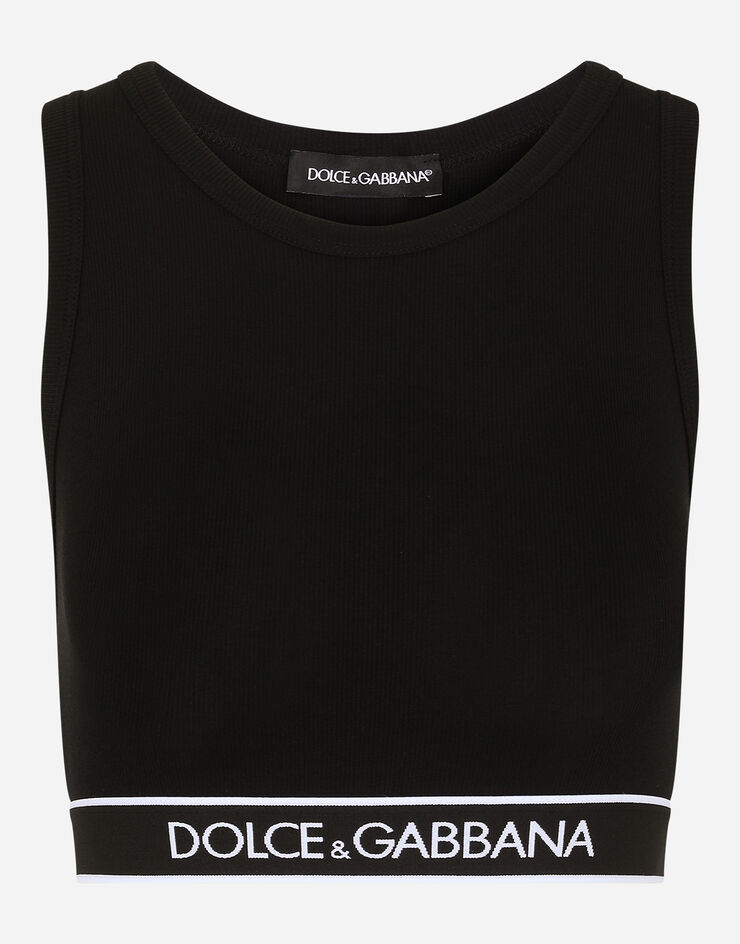 Dolce & Gabbana 로고 신축 밴드 파인 리브 저지 크롭 탑 블랙 O7B05TFUGF5