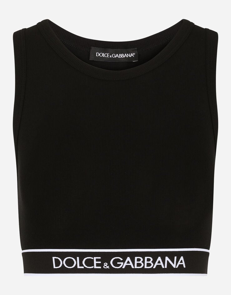 Dolce & Gabbana 徽标弹力饰带细罗纹平纹针织上衣 黑 O7B05TFUGF5