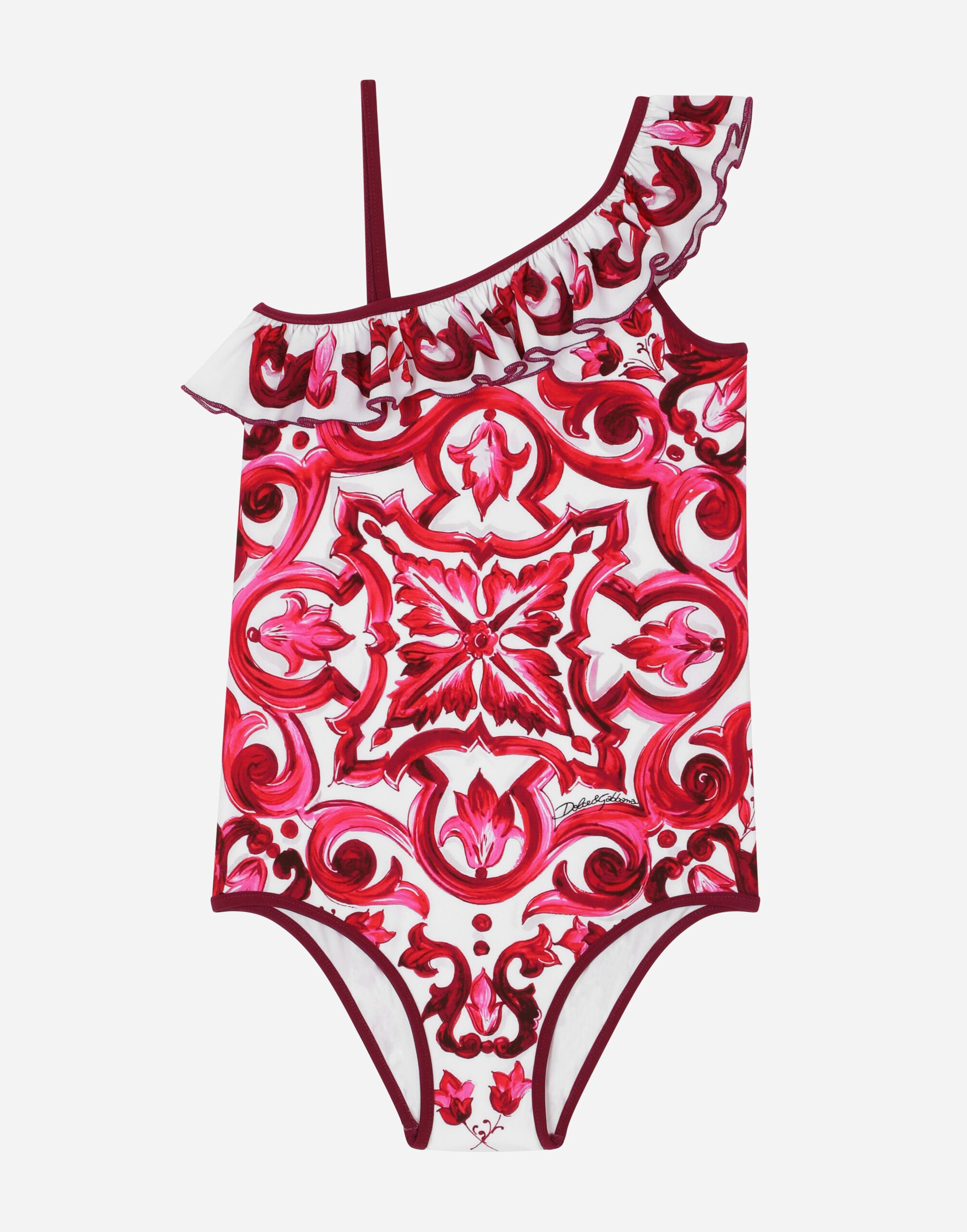 Dolce&Gabbana Majolica-print one-piece swimsuit with ruched neckline Multicolor EB0003AC393