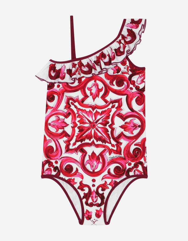 DolceGabbanaSpa Majolica-print one-piece swimsuit with ruched neckline Multicolor L5J838G7EW6