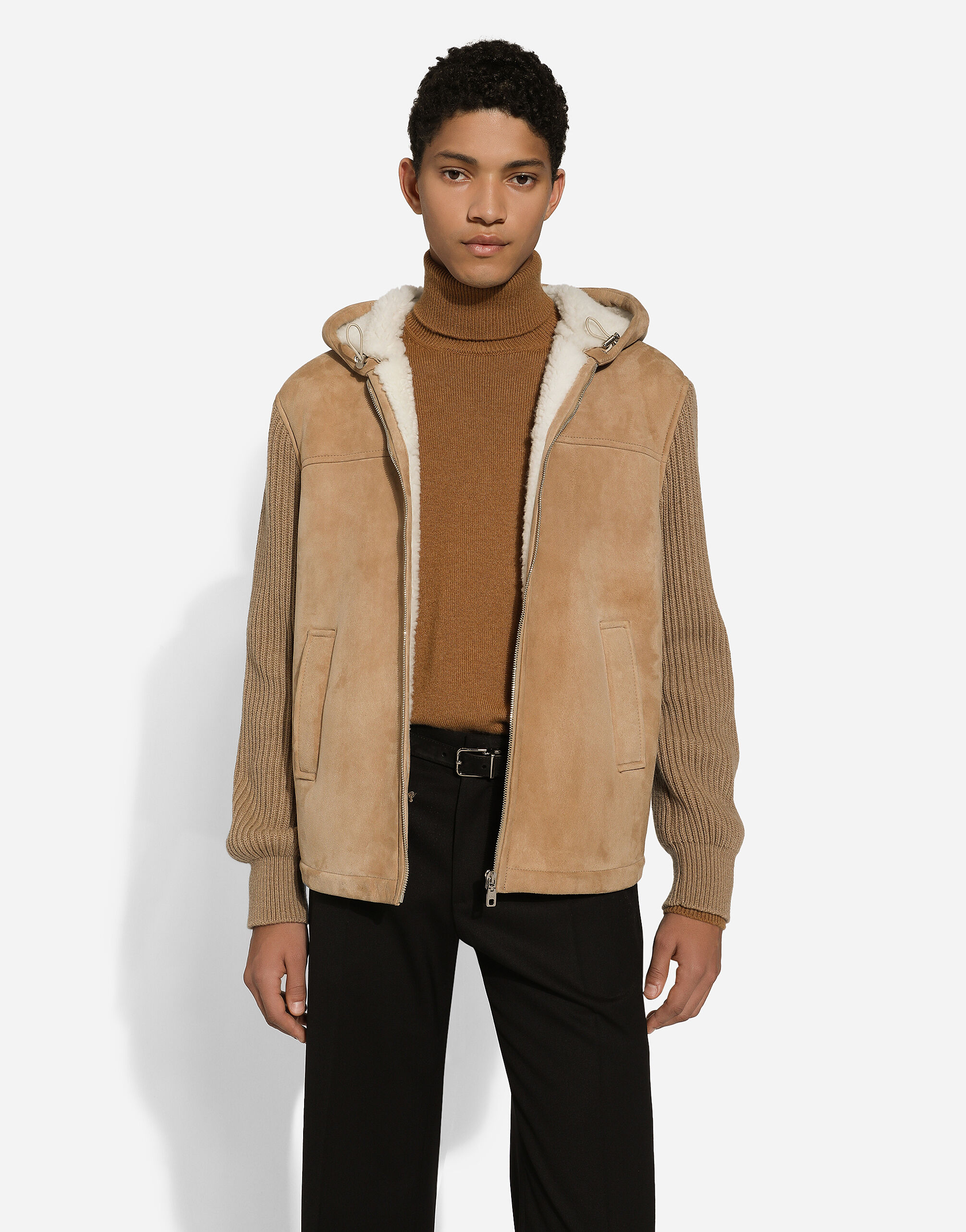 Sheepskin jacket with knit inserts and hood in Beige for Men Dolce Gabbana